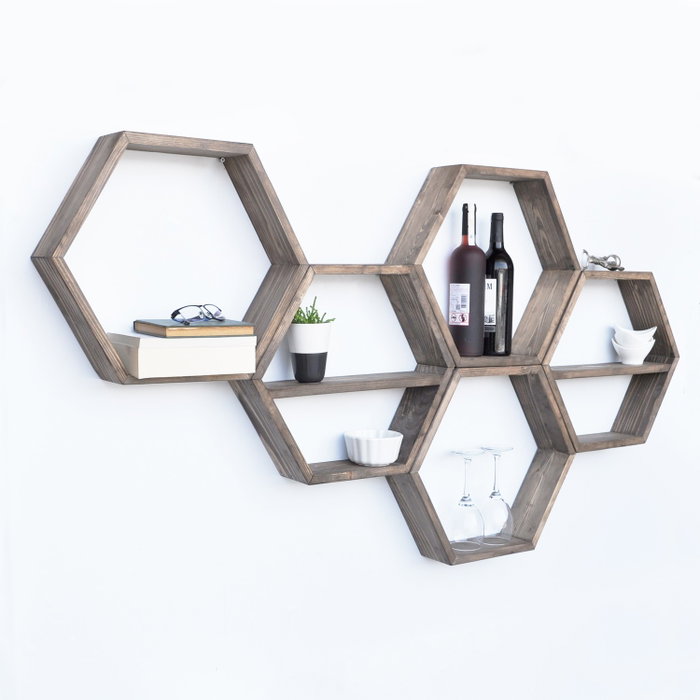 Hanah Home Hex003 Estantería de pared de madera de abeto, Nogal, 5 piezas Hanah Home Hex003 Estantería de pared de madera de abeto, Nogal, 5 piezas